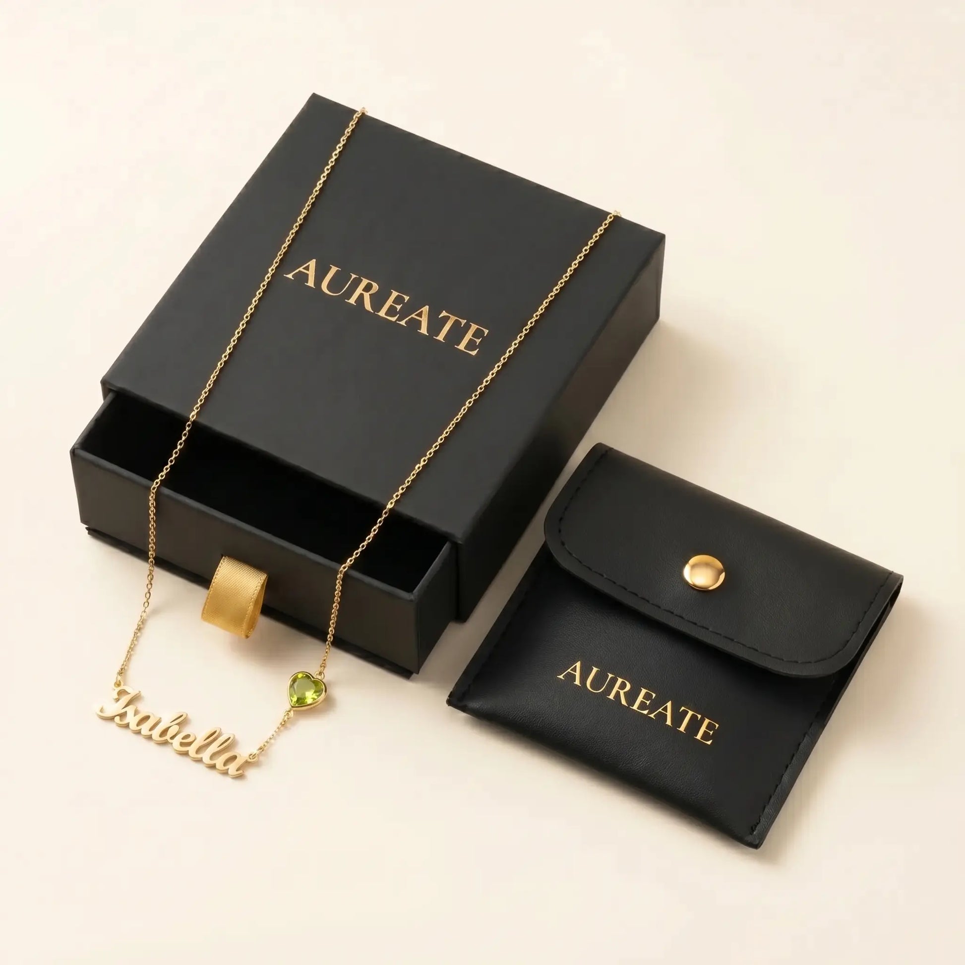 Birth Stone Letter Drop Strand 18K Gold AUREATE gift box matte black slide-drawer with Isabella cursive name and August Peridot heart birthstone