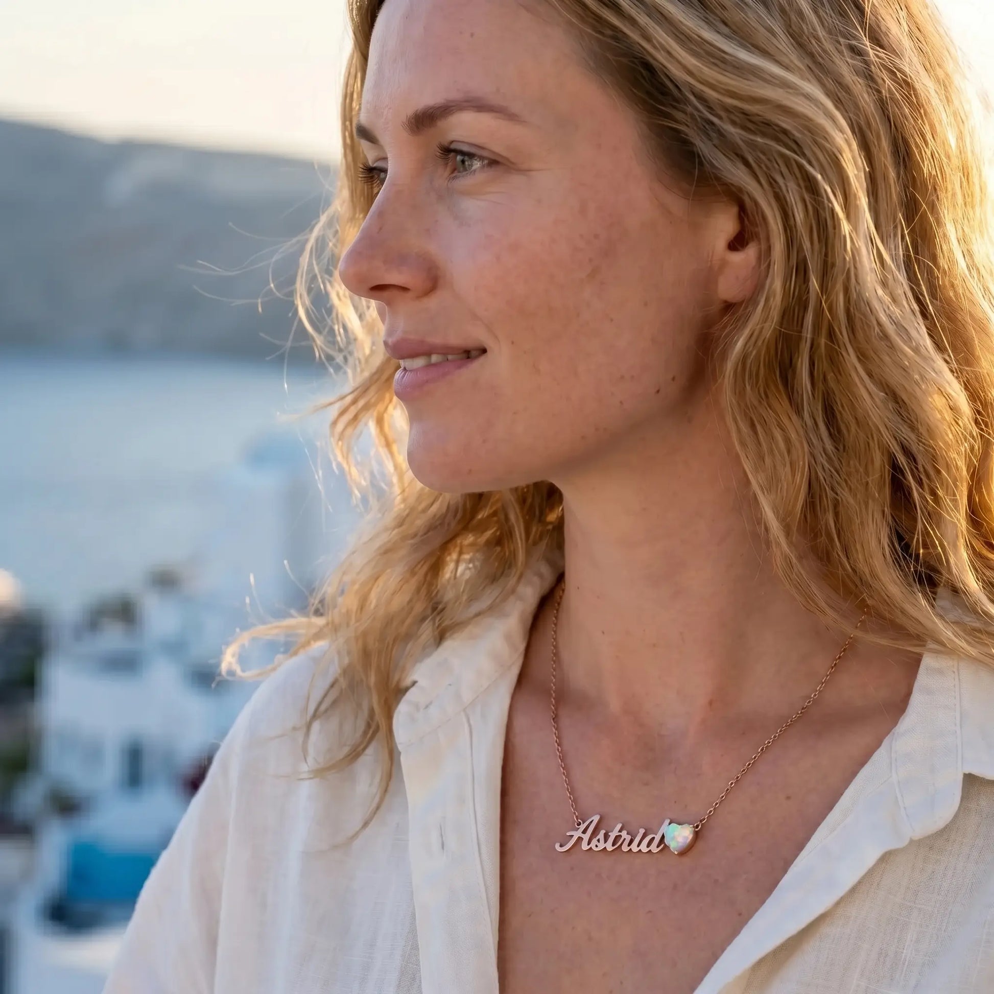Birth Stone Letter Drop Strand Rose Gold Greek island profile with Astrid and October Opal heart birthstone