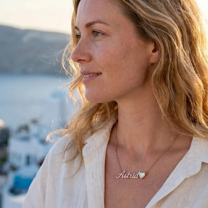 Birth Stone Letter Drop Strand Rose Gold Greek island profile with Astrid and October Opal heart birthstone