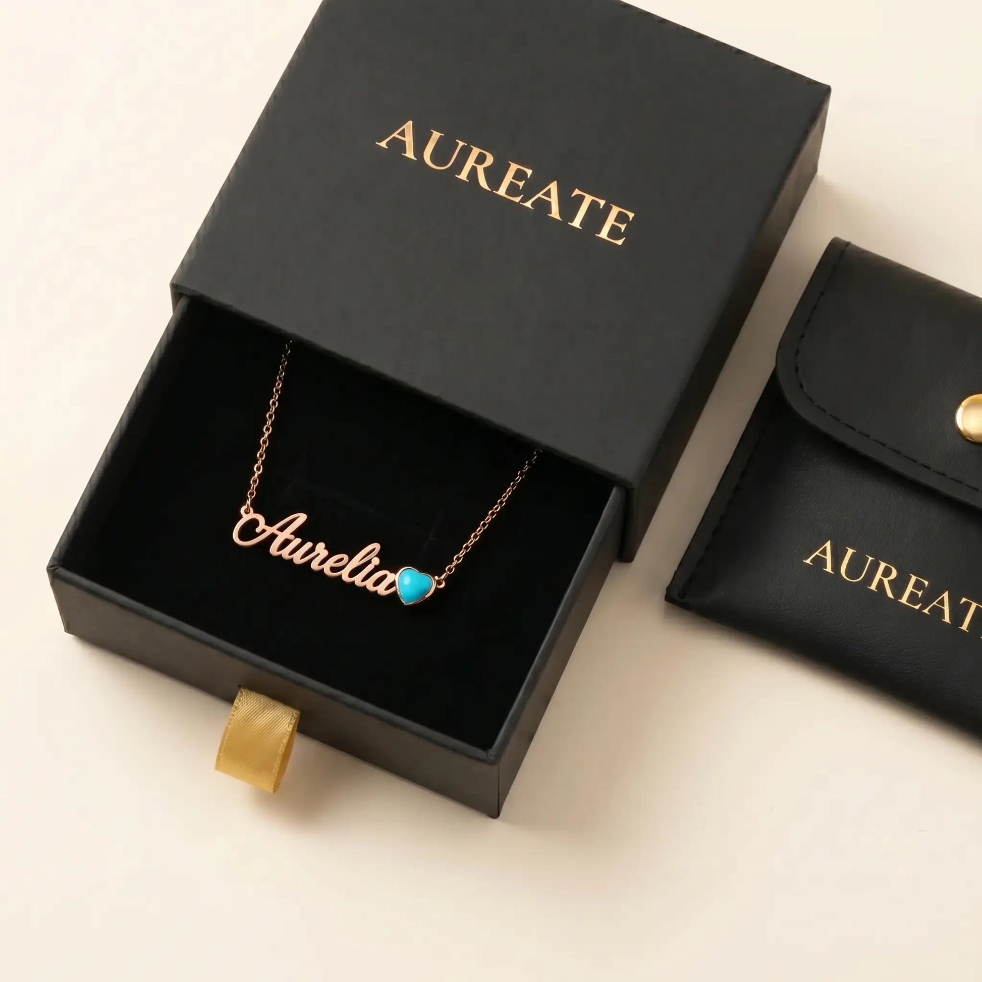 Birth Stone Letter Drop Strand Rose Gold AUREATE gift box with Aurelia and December Turquoise heart birthstone
