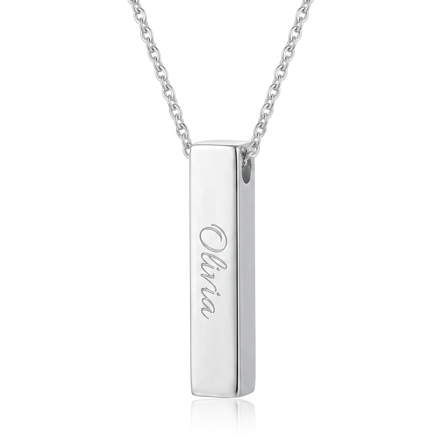 Silver vertical bar name necklace packshot