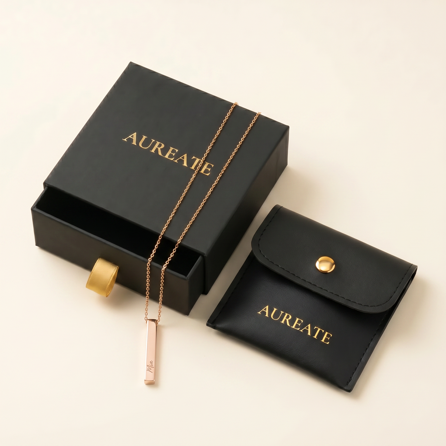AUREATE gift box with rose gold vertical bar name necklace