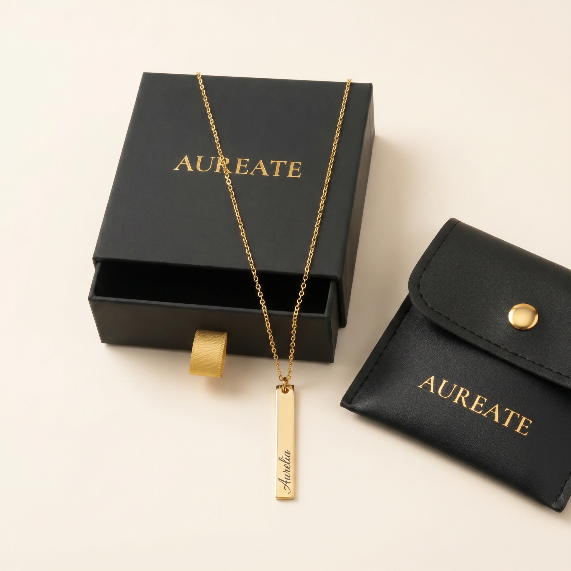 AUREATE gift box with gold vertical bar name necklace