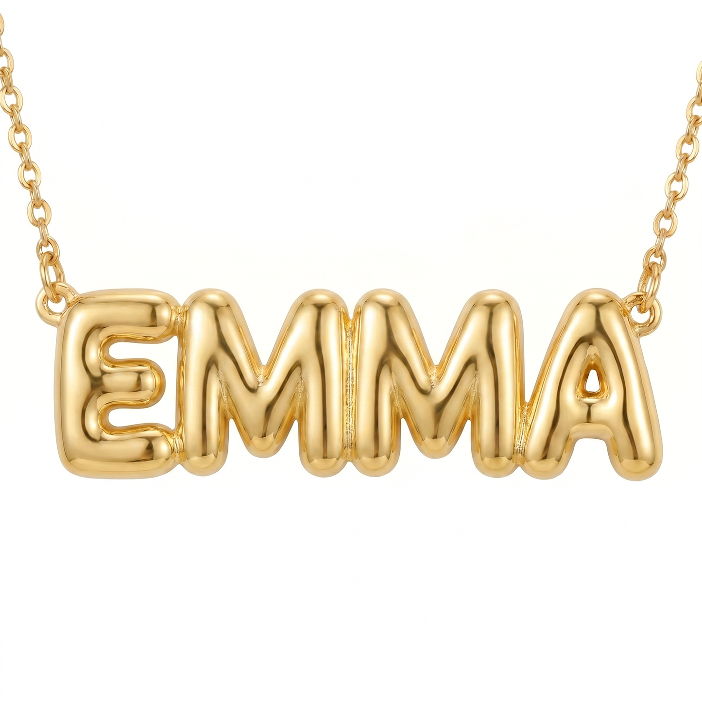 Gold puffy bubble-letter name necklace EMMA packshot, fine cable chain