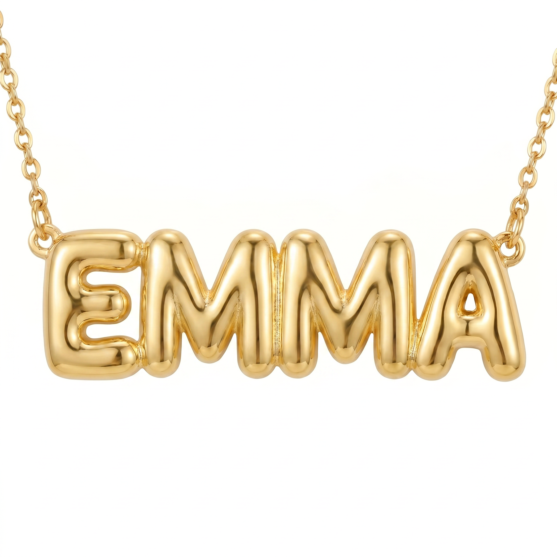 Gold puffy bubble-letter name necklace EMMA packshot, fine cable chain