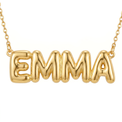 Gold puffy bubble-letter name necklace EMMA packshot, fine cable chain