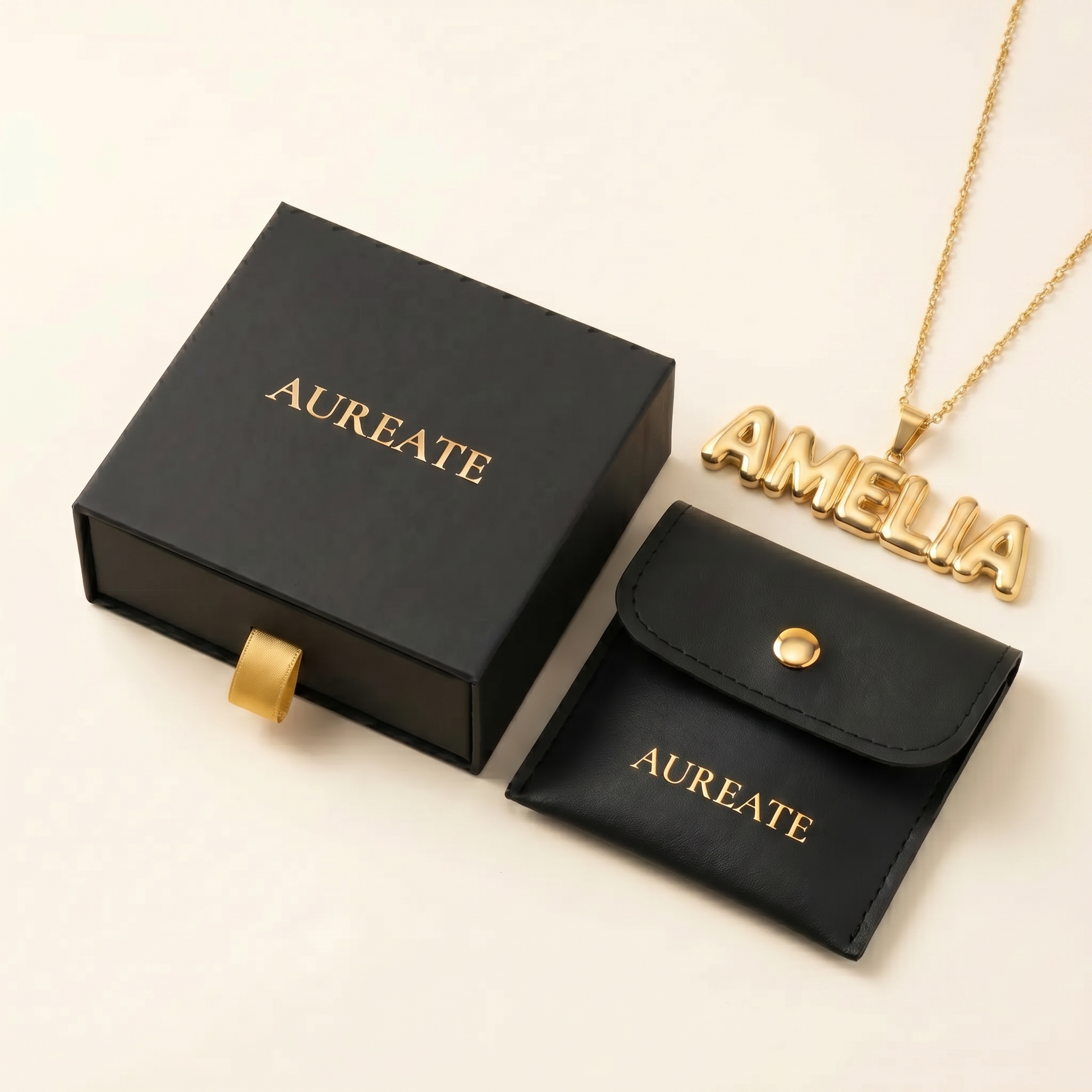 AUREATE gift box with gold puffy bubble-letter name necklace AMELIA