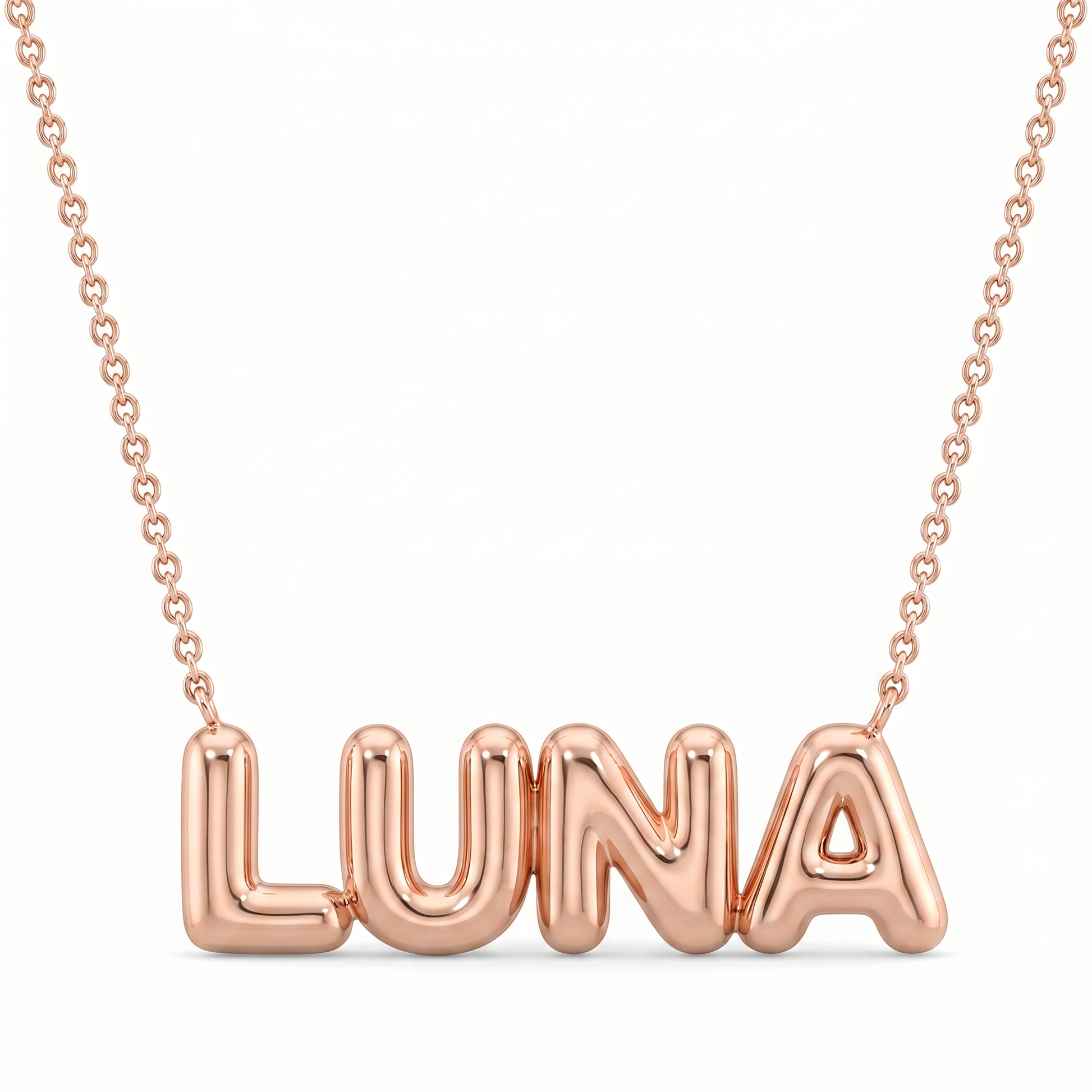 Rose gold puffy bubble-letter name necklace LUNA packshot, fine cable chain