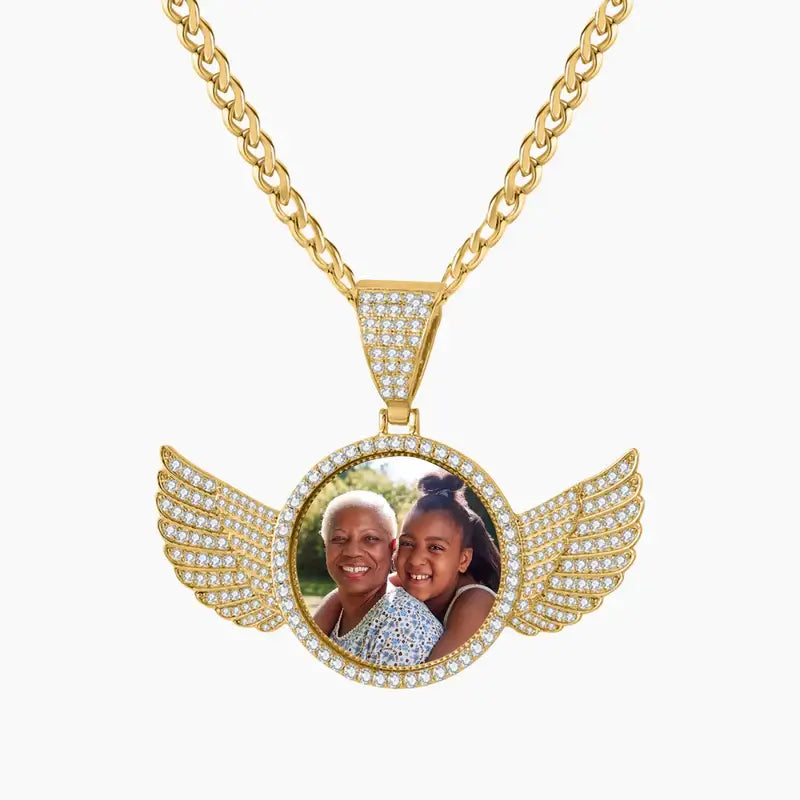 Iced Angel Photo Pendant Necklace by AUREATE featuring angel-wing design and personalized photo.