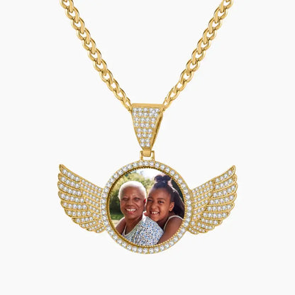Iced Angel Photo Pendant Necklace by AUREATE featuring angel-wing design and personalized photo.