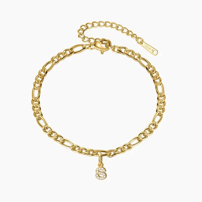 Iced Letter Anklet with Figaro Chain by AUREATE, gold chain anklet with sparkling letter charm.