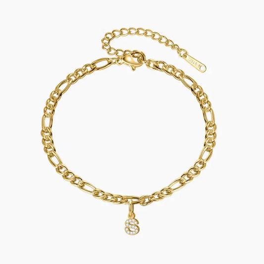 Iced Letter Anklet with Figaro Chain by AUREATE, gold chain anklet with sparkling letter charm.