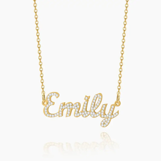 Iced Personalised Name Necklace by AUREATE featuring the name Emily in sparkling gold plating.