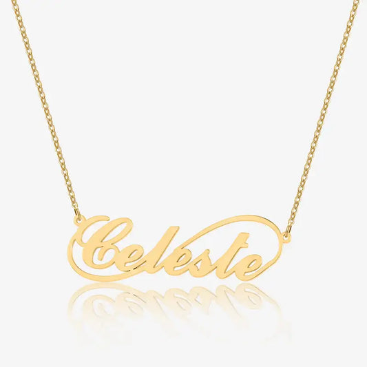 Infinity Personalised Name Necklace by AUREATE featuring the name Celeste in elegant gold design.