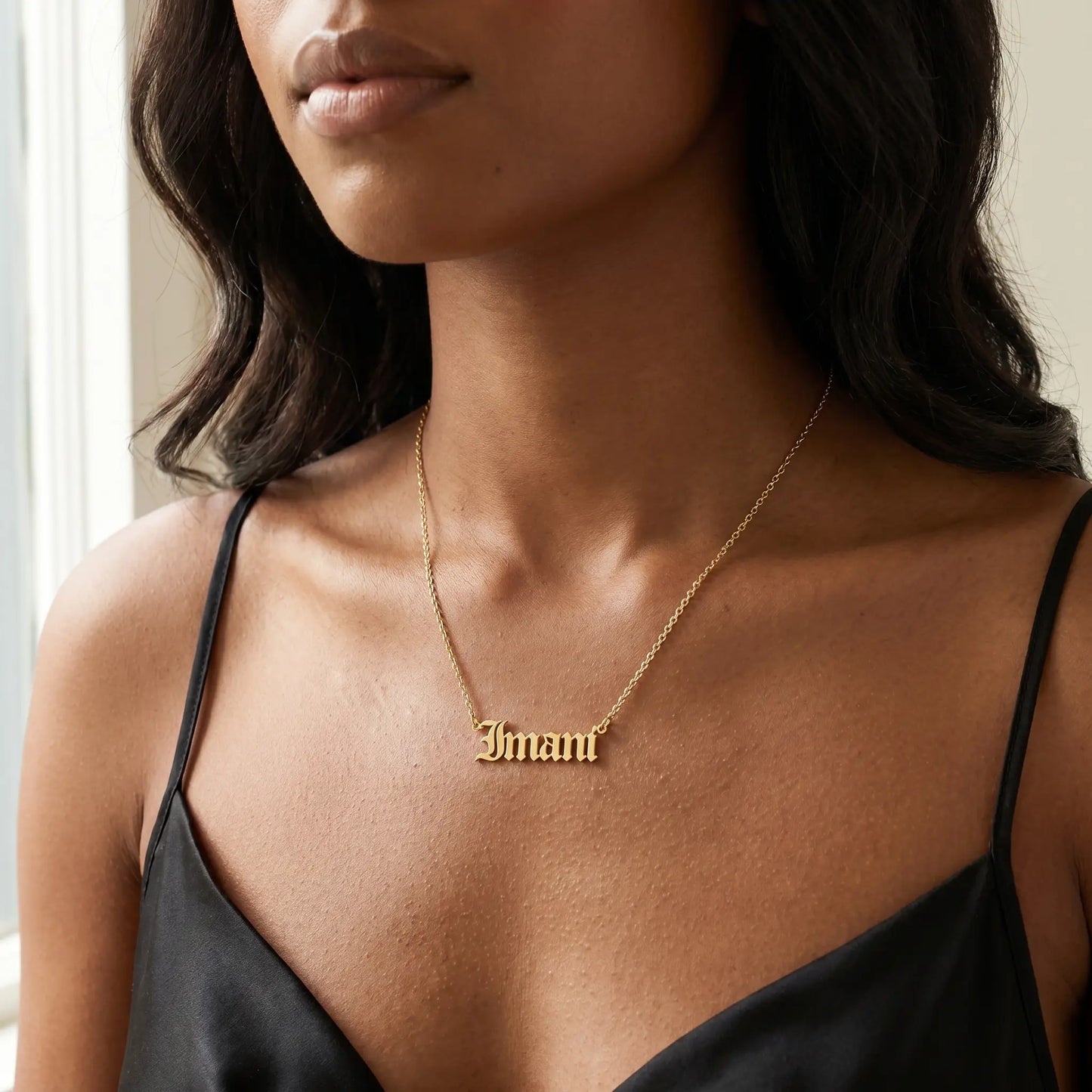 Old English Lettering Name Pendant — 18K Gold Plated — Studio close-up — IMANI