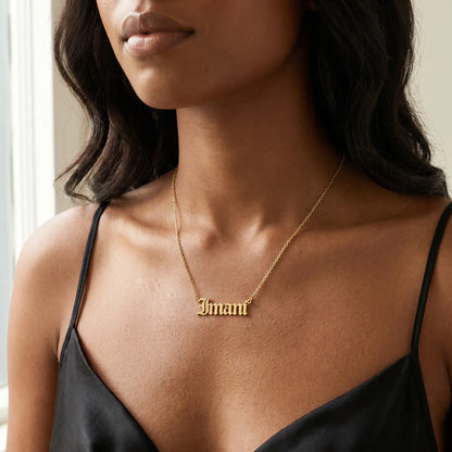 Old English Lettering Name Pendant — 18K Gold Plated — Studio close-up — IMANI