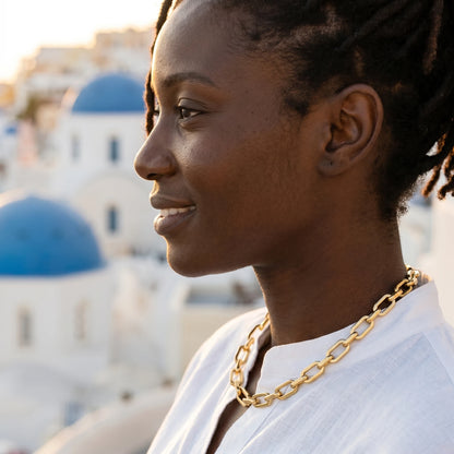 Woman profile chunky gold cable chain necklace Santorini sunset