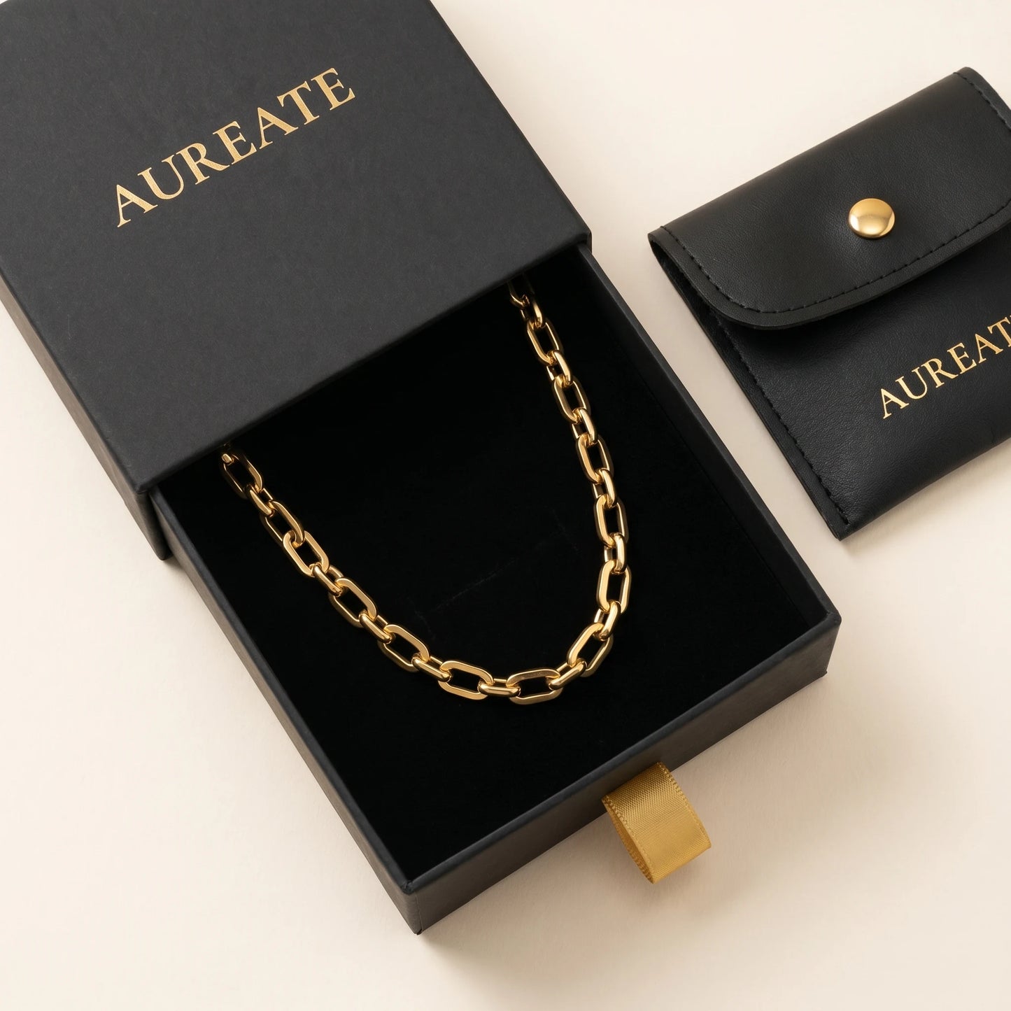 AUREATE gift box matte black slide drawer chunky cable chain necklace