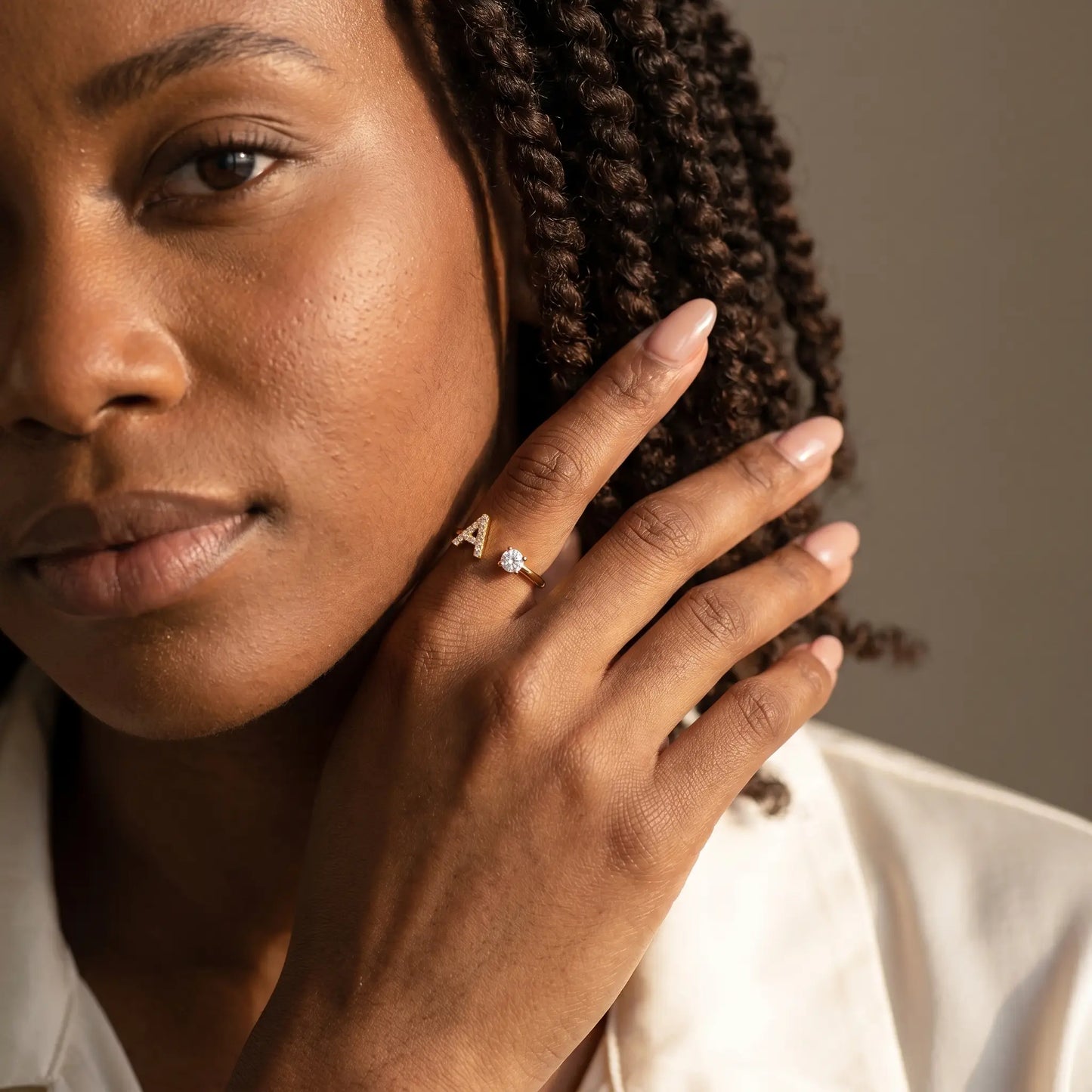 Crystal Initial Signet Ring 18K Gold open bypass worn close-up letter A