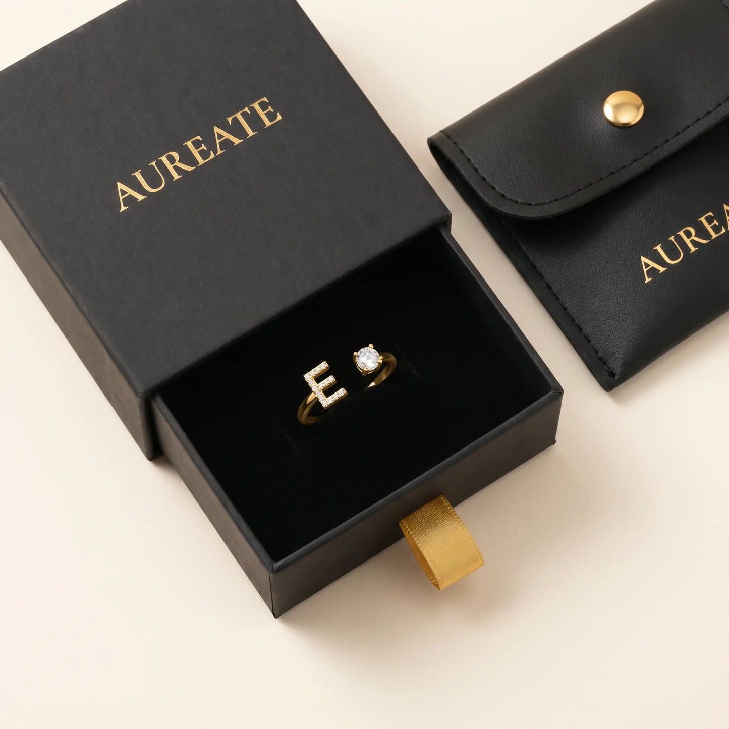 Crystal Initial Signet Ring 18K Gold AUREATE gift box letter E