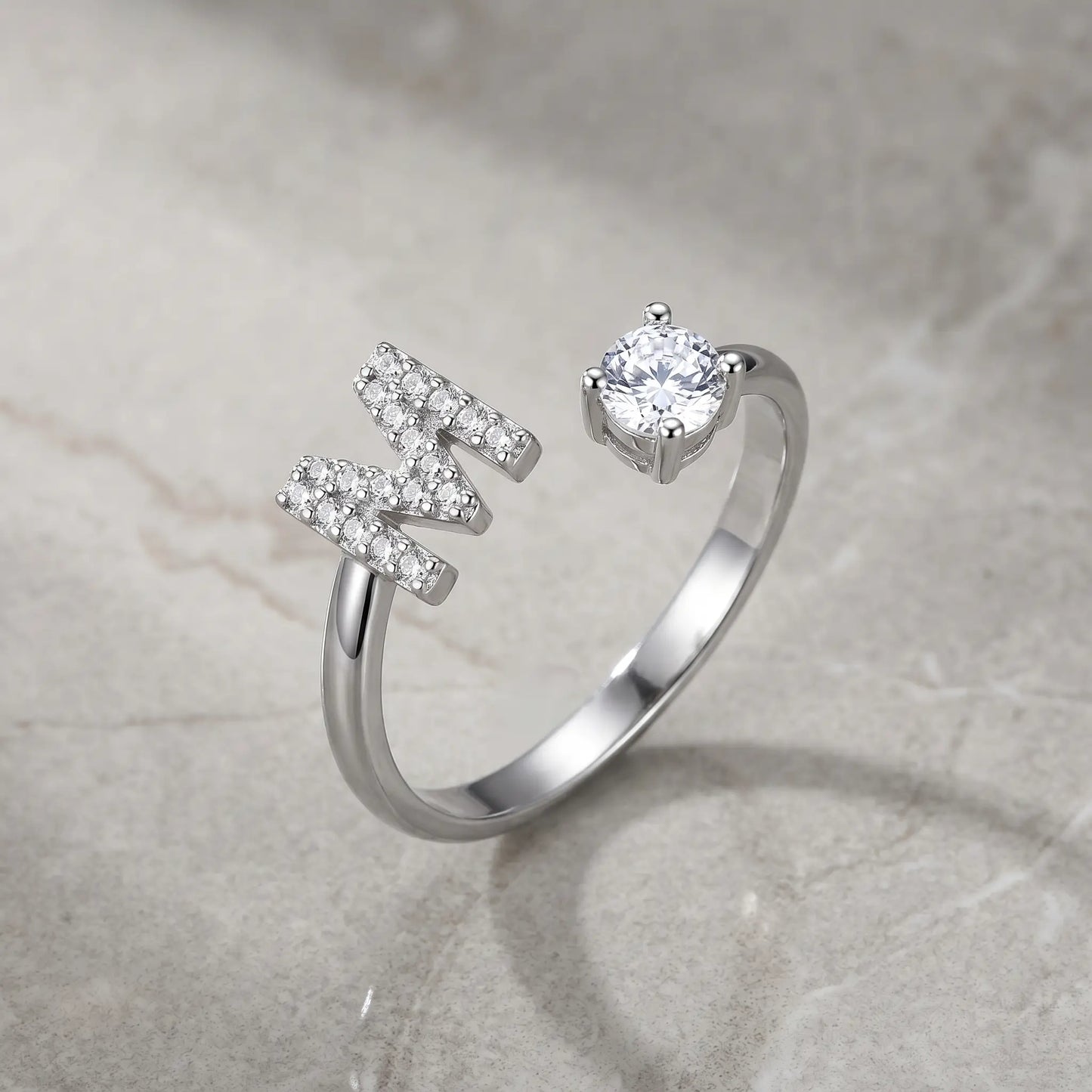 Crystal Initial Signet Ring Silver Tone open bypass packshot letter M