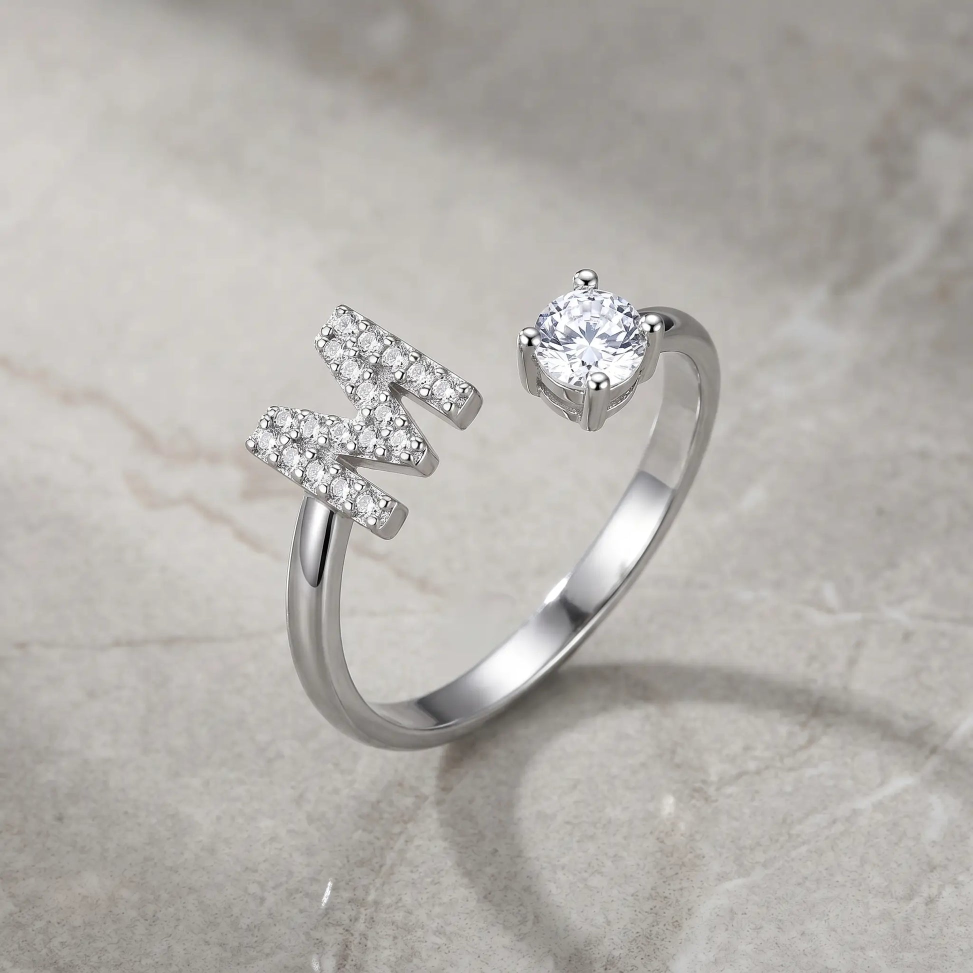 Crystal Initial Signet Ring Silver Tone open bypass packshot letter M