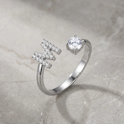 Crystal Initial Signet Ring Silver Tone open bypass packshot letter M