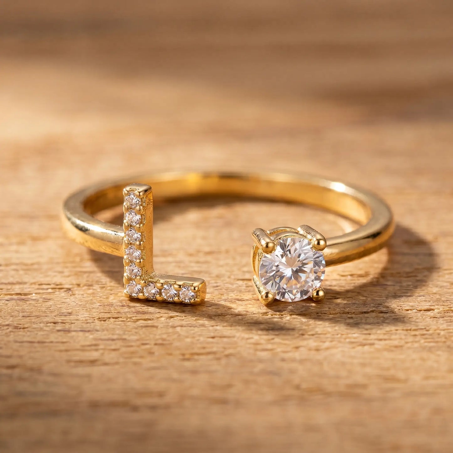 Crystal Initial Signet Ring 18K Gold macro detail pave letter L solitaire