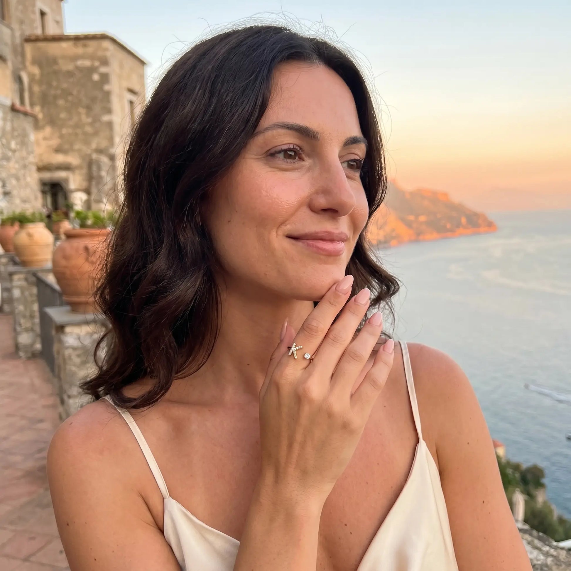 Crystal Initial Signet Ring 18K Gold subtle smile profile Amalfi letter K