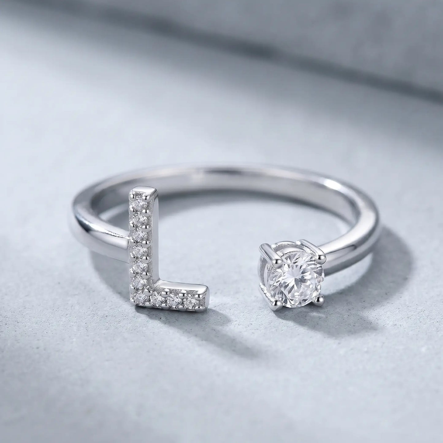 Crystal Initial Signet Ring Silver Tone macro detail pave letter L solitaire