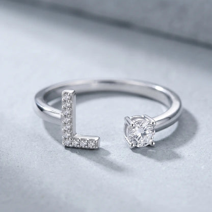 Crystal Initial Signet Ring Silver Tone macro detail pave letter L solitaire