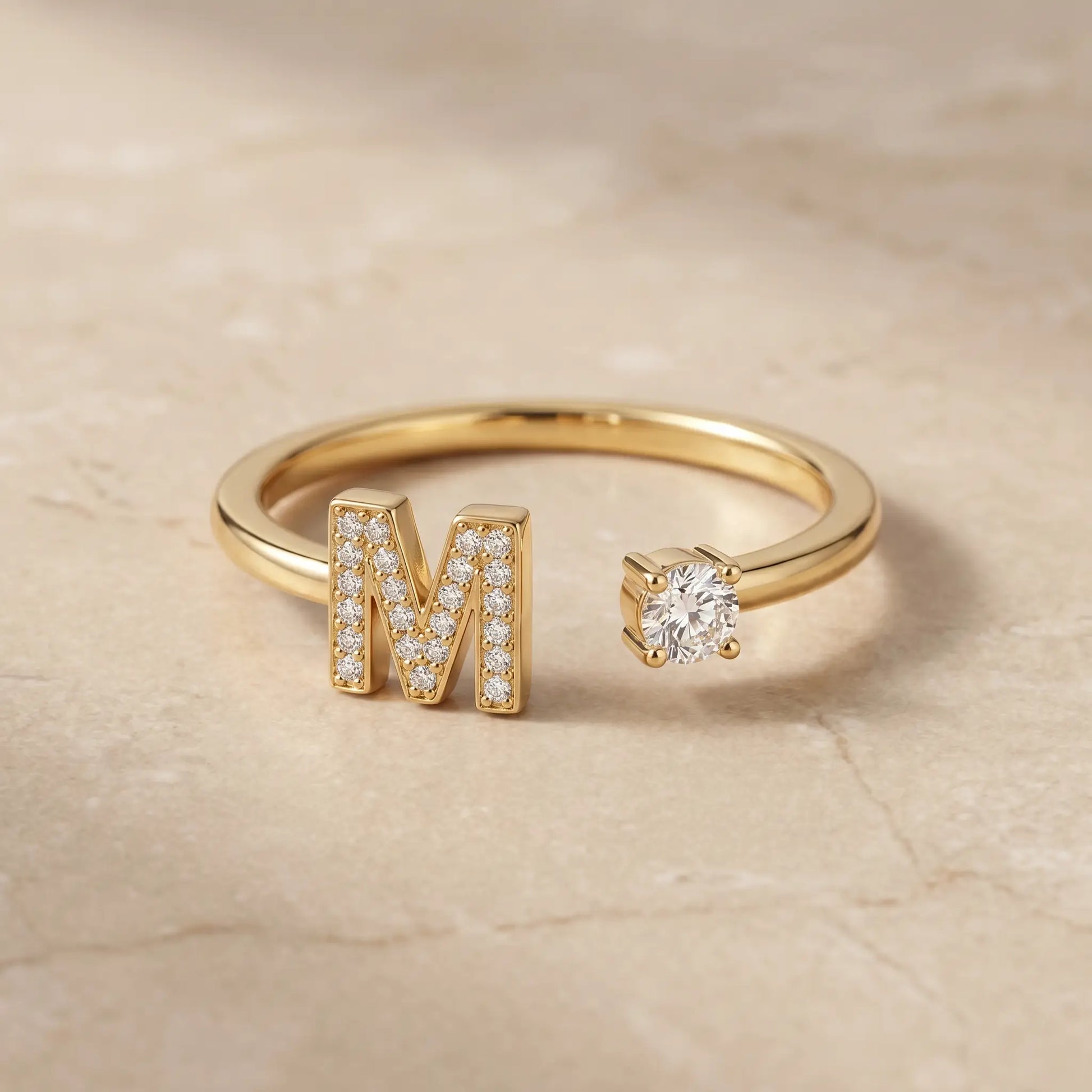 Crystal Initial Signet Ring 18K Gold open bypass packshot letter M