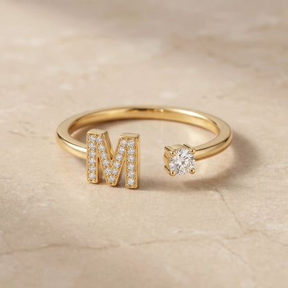 Crystal Initial Signet Ring 18K Gold open bypass packshot letter M