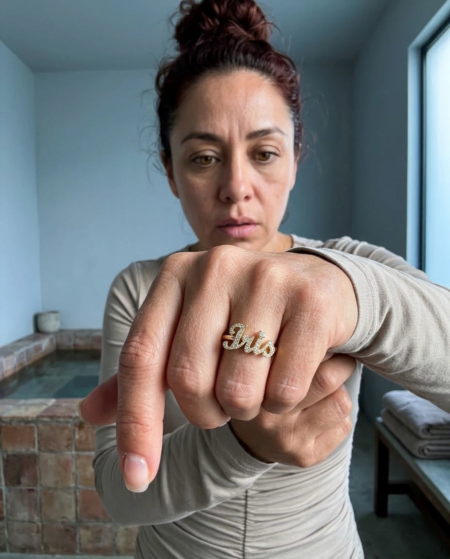 Pave Letter Signet Statement Ring porté