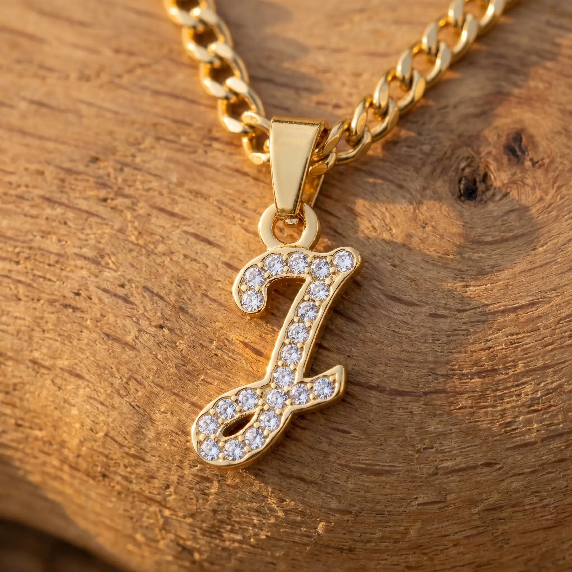Crystal Script Initial Pendant 18K Gold Plated macro detail cursive J pave crystals