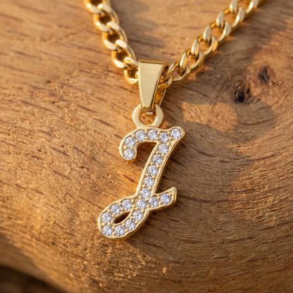 Crystal Script Initial Pendant 18K Gold Plated macro detail cursive J pave crystals
