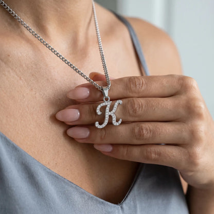 Crystal Script Initial Pendant Stainless Steel Silver Tone lifestyle hand-to-pendant intimate tender Layla