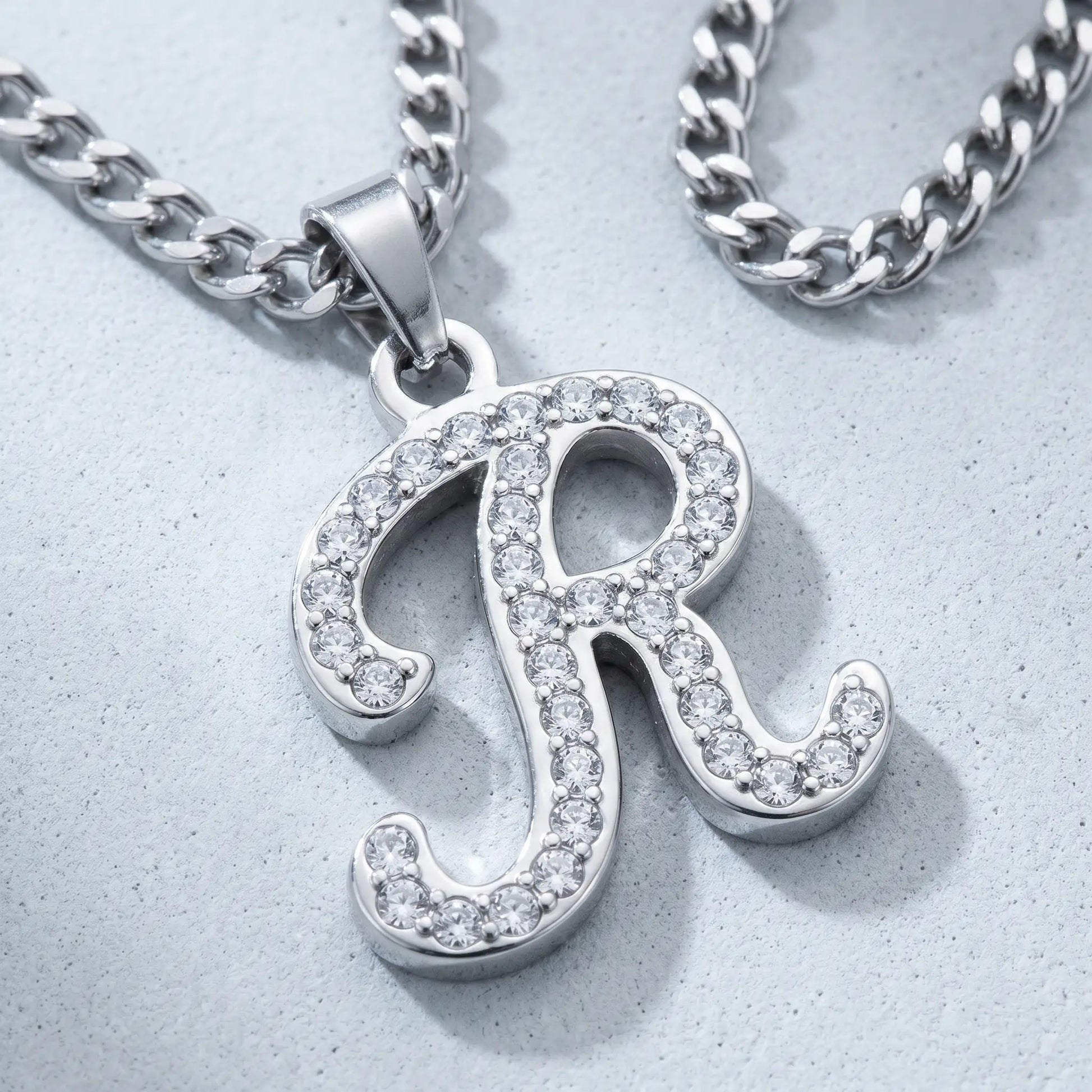 Crystal Script Initial Pendant Stainless Steel Silver Tone macro detail cursive R pave crystals