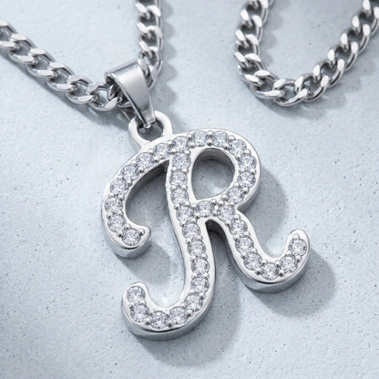 Crystal Script Initial Pendant Stainless Steel Silver Tone macro detail cursive R pave crystals