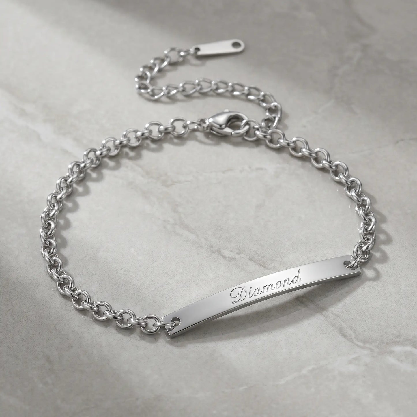 Engraved Gold Bar Bracelet AUREATE Bracelet Stainless Steel Silver Tone packshot Diamond