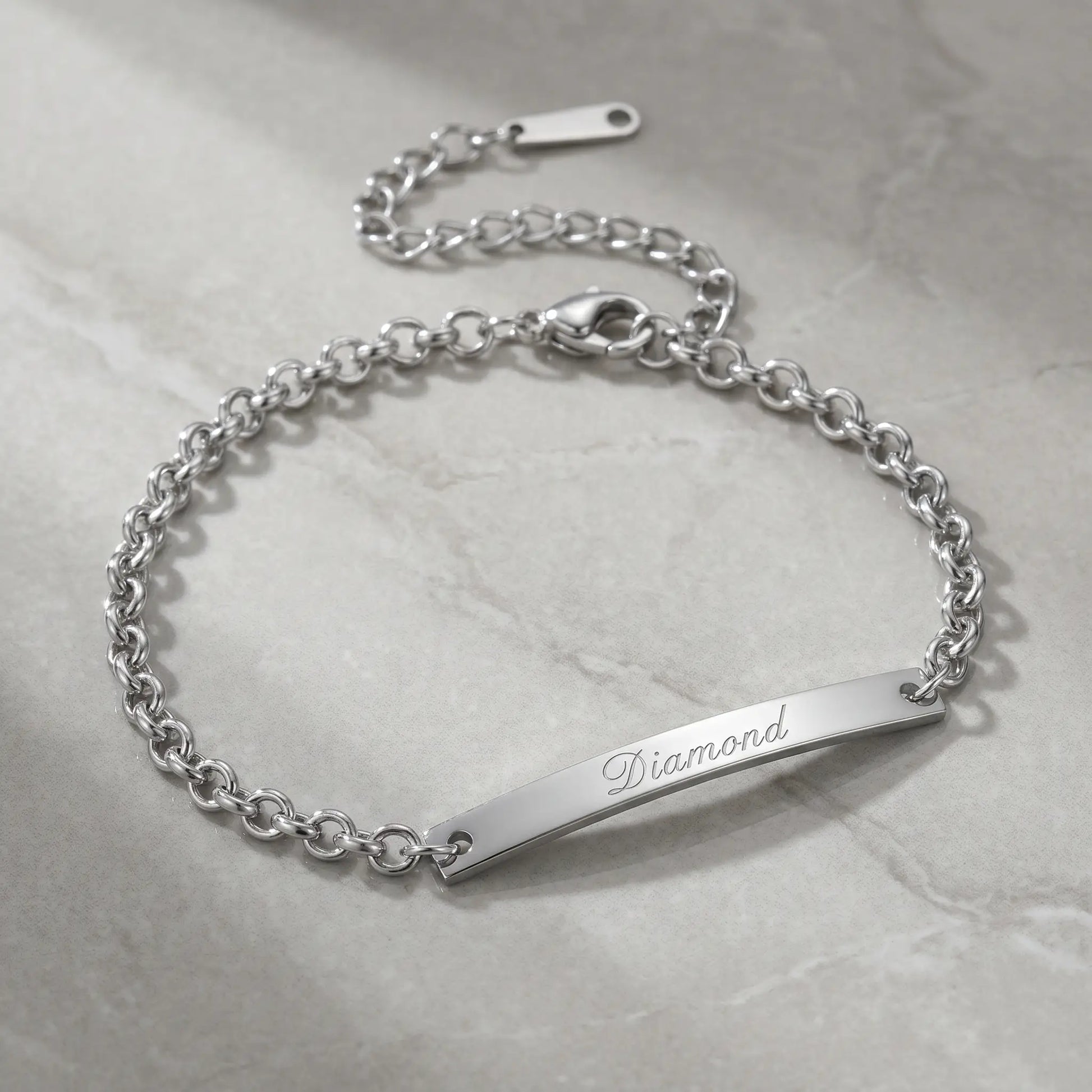 Engraved Gold Bar Bracelet AUREATE Bracelet Stainless Steel Silver Tone packshot Diamond