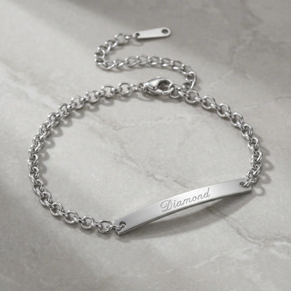 Engraved Gold Bar Bracelet AUREATE Bracelet Stainless Steel Silver Tone packshot Diamond