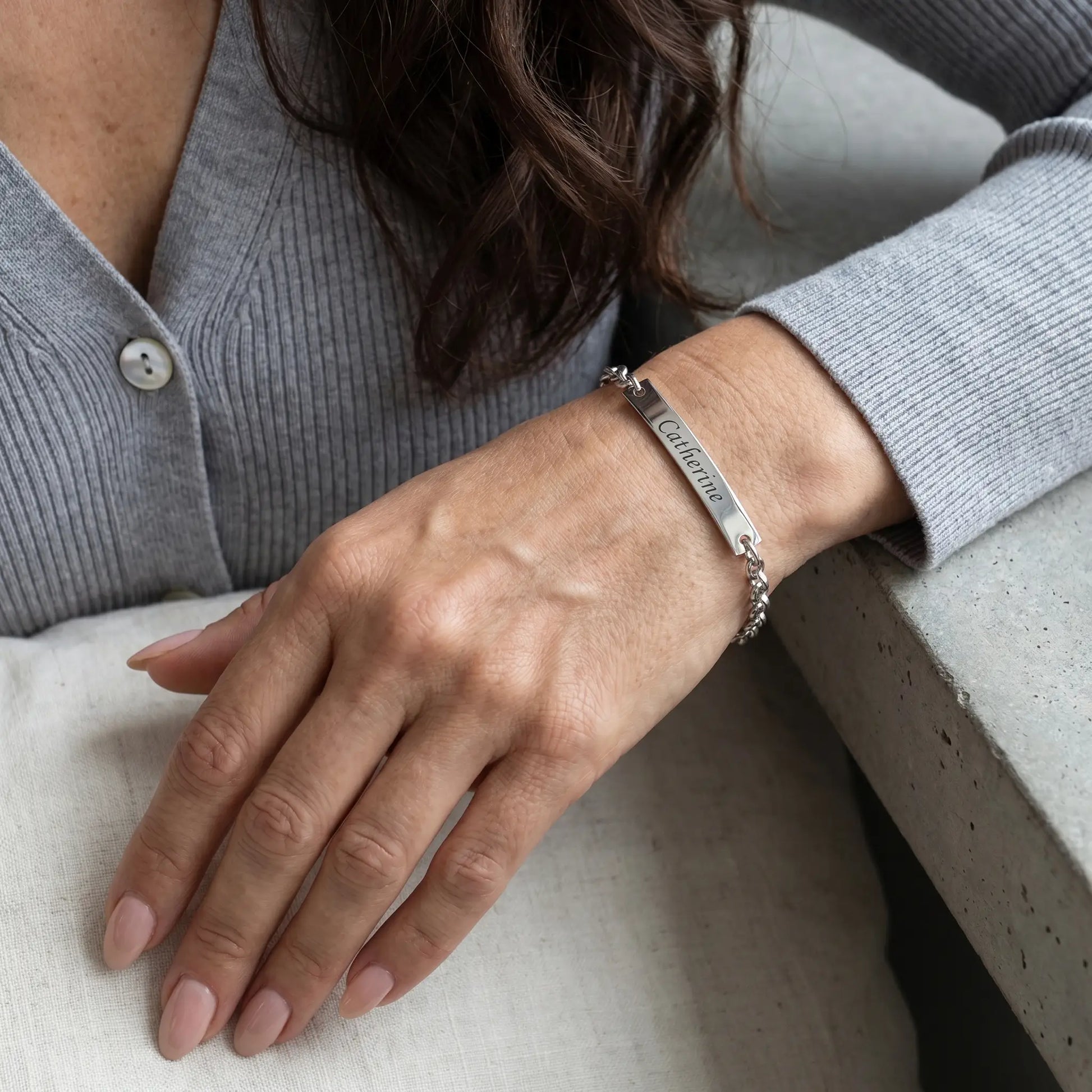 Engraved Gold Bar Bracelet AUREATE Bracelet Stainless Steel Silver Tone mature 3qtr Catherine