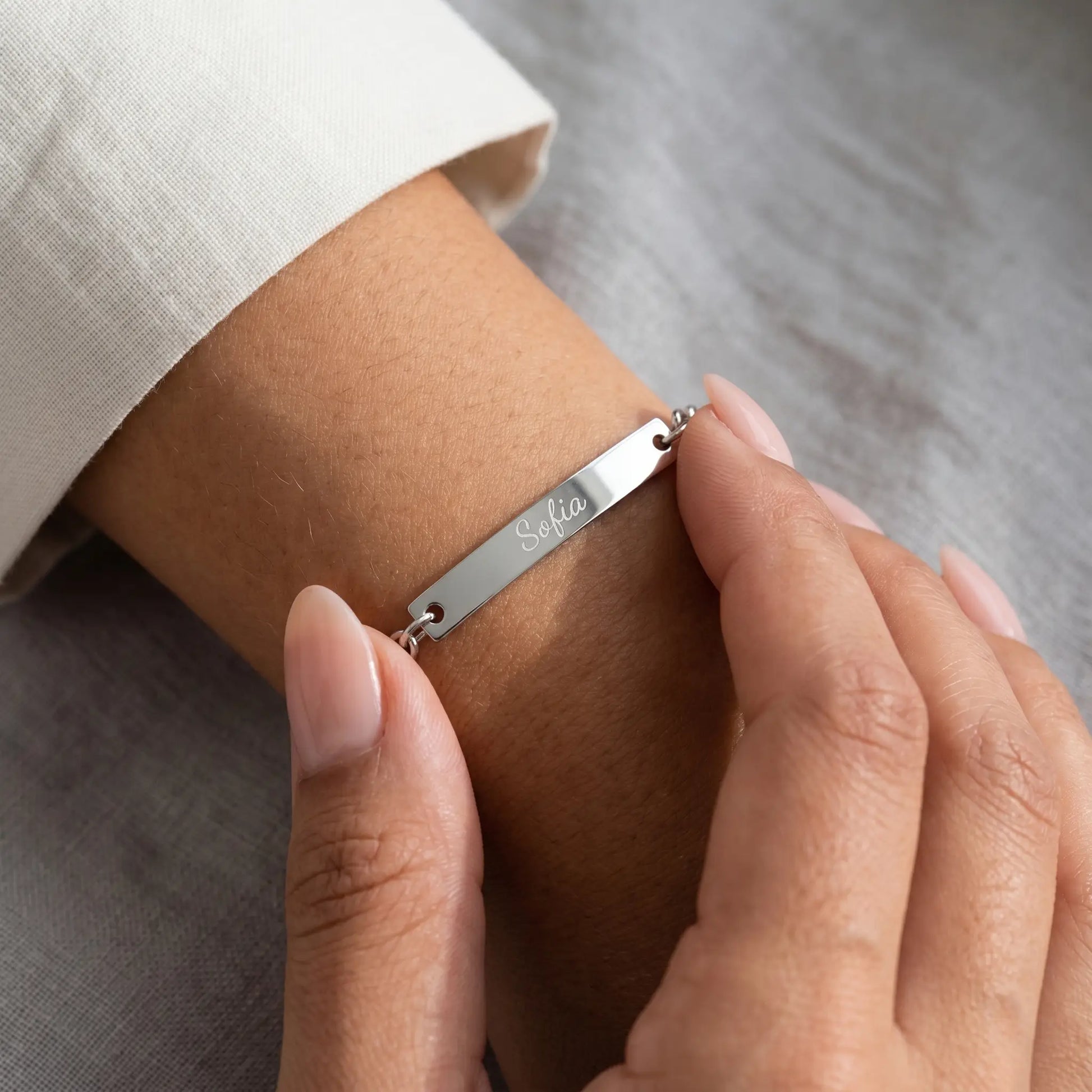Engraved Gold Bar Bracelet AUREATE Bracelet Stainless Steel Silver Tone tender close-up Sofia