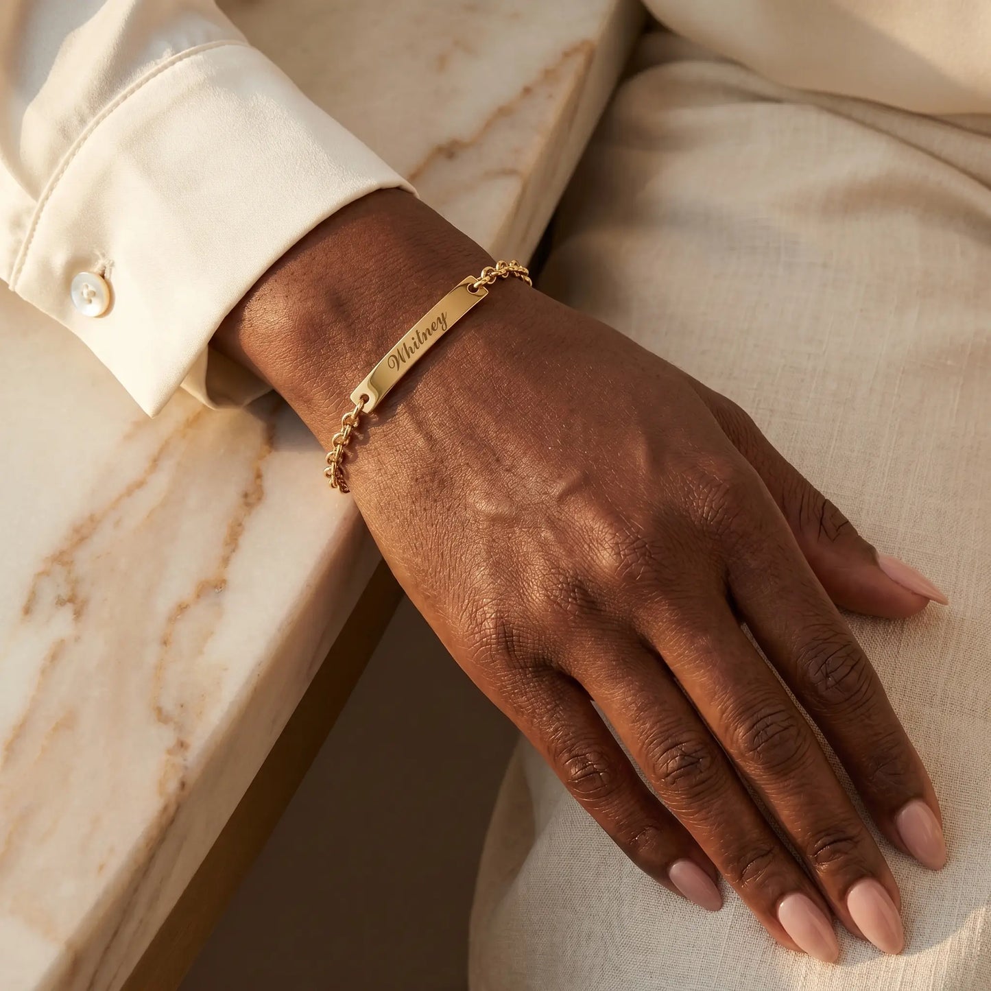 Engraved Gold Bar Bracelet AUREATE Bracelet 18K Gold Plated mature 3qtr Whitney