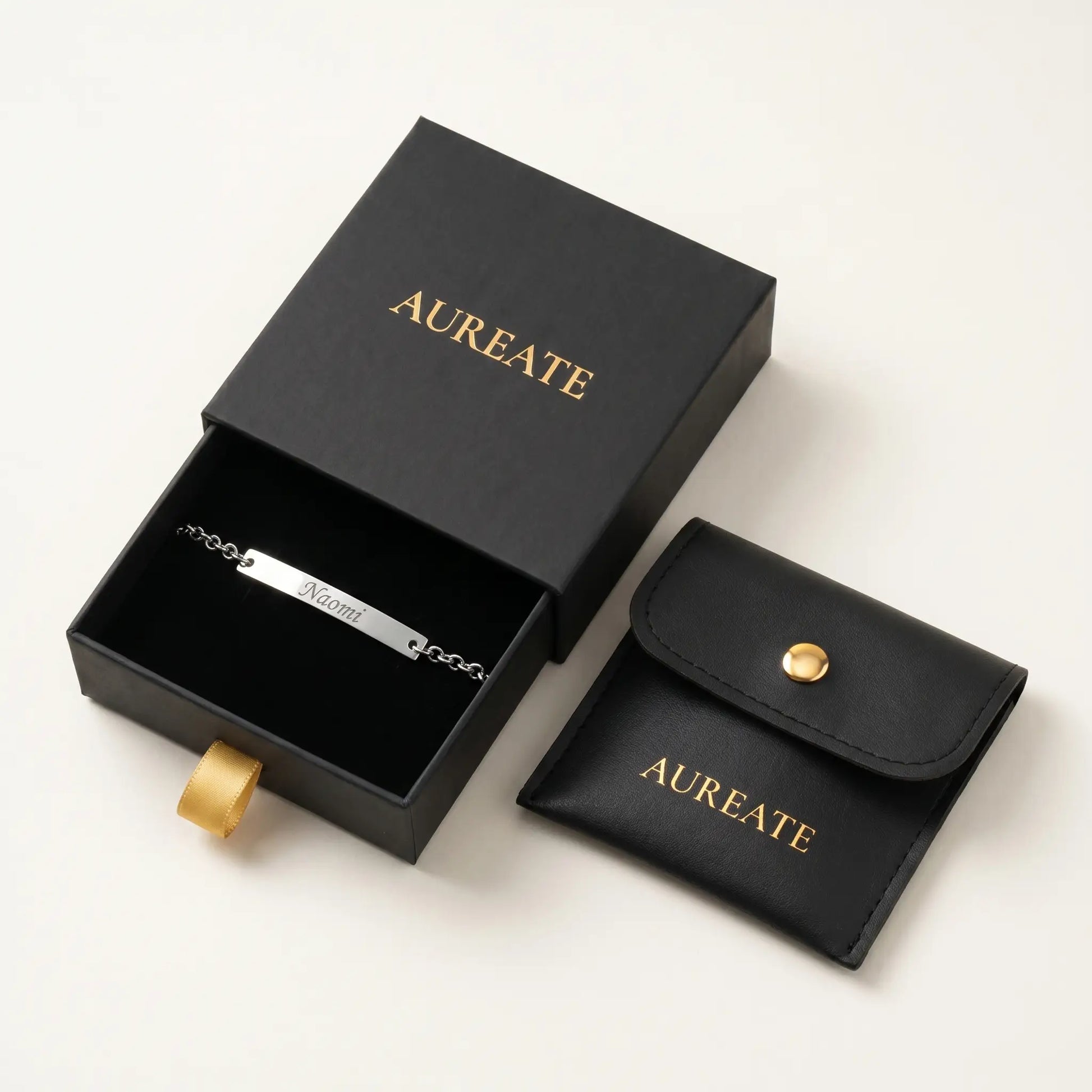Engraved Gold Bar Bracelet AUREATE Bracelet Stainless Steel Silver Tone giftbox Naomi