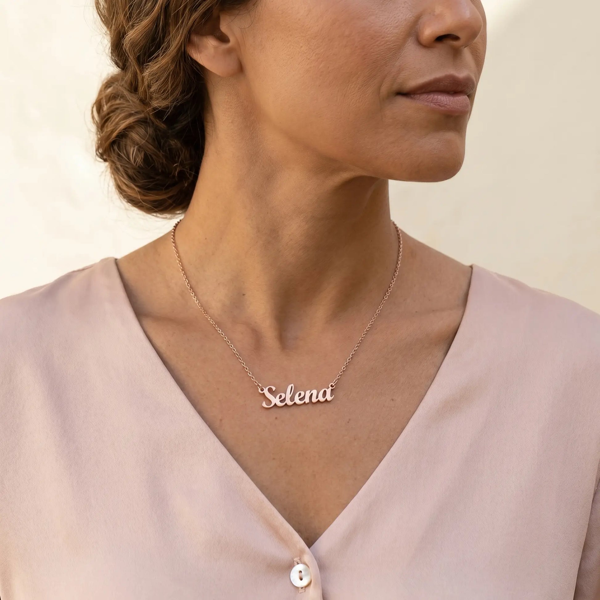 Personalised Plate Chain in 18K Gold by AUREATE worn by model, showcasing sleek letter plate design.