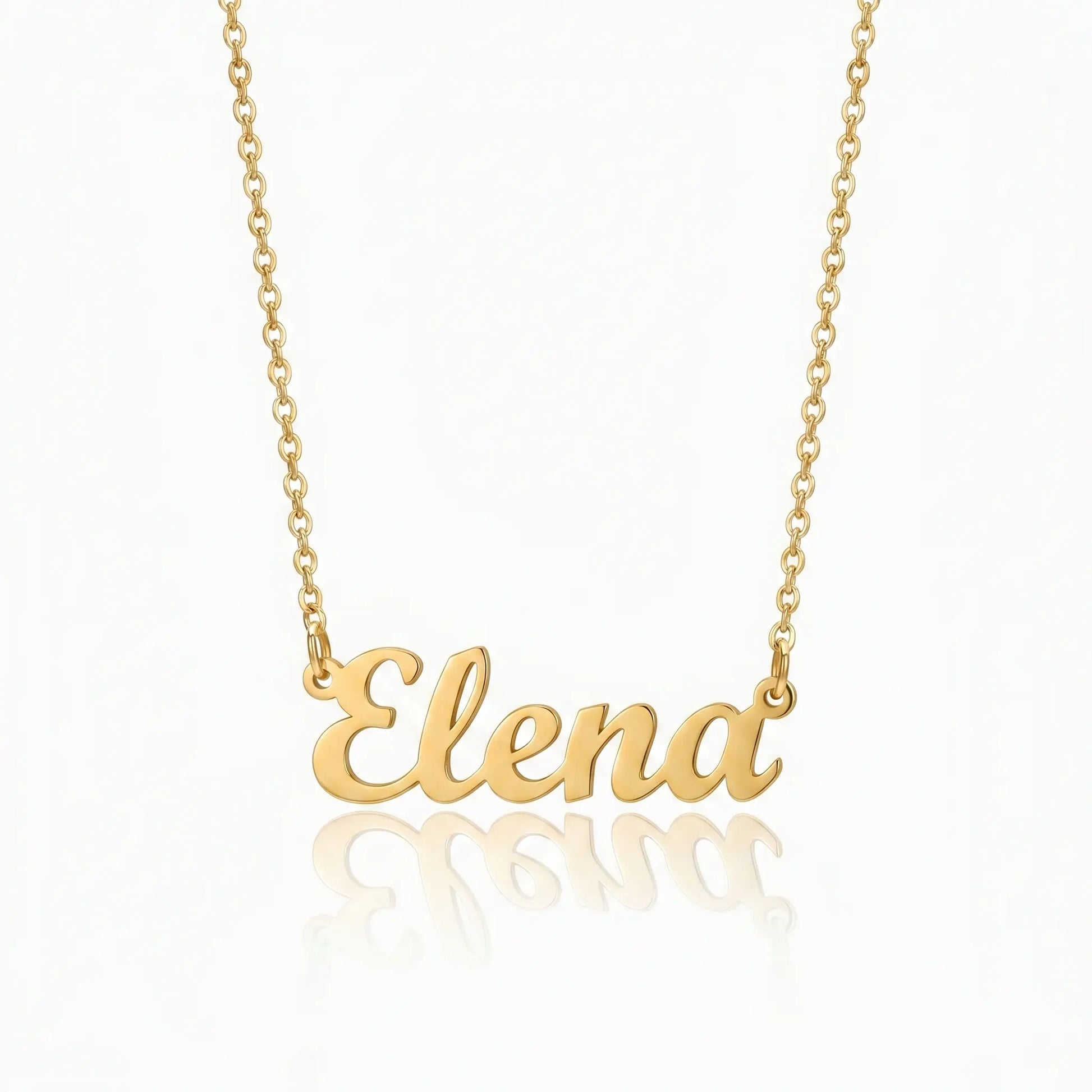 Personalised Plate Chain in 18K Gold by AUREATE featuring a sleek customizable nameplate with 'Elena'.