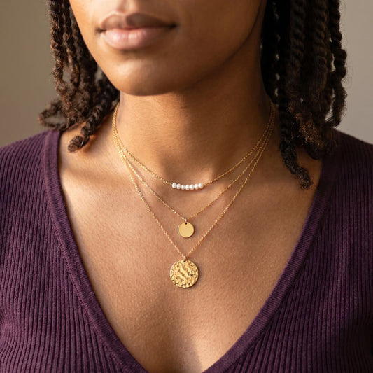 Pearl Coin Layered Necklace Set Gold worn close-up