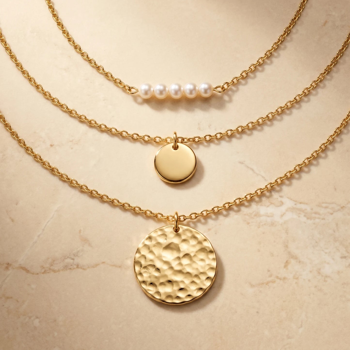 Pearl Coin Layered Necklace Set Gold packshot freshwater pearl bar hammered coin disc